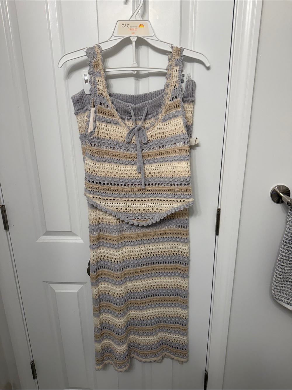 Crochet Knit Stripe Tank & Skirt Set - Cream and Gray